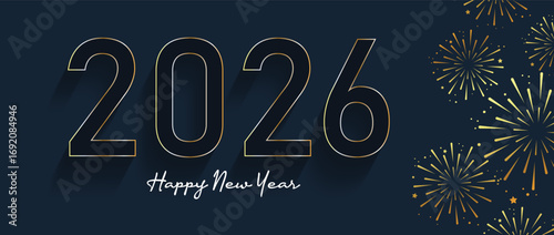 2026 Happy new year celebration greeting card, sparkler font and firework isolated background