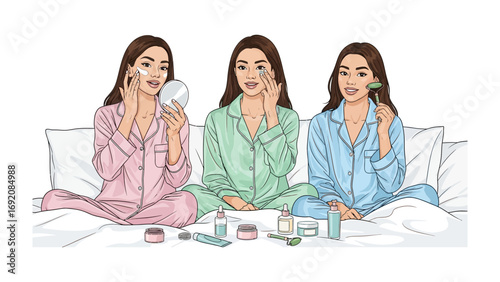 Three young women in colorful silk pajamas applying facial skincare products and using beauty tools while sitting on a bed together