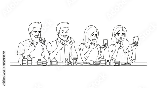 Diverse group of four people applying makeup and grooming themselves with cosmetics and beauty products in a line