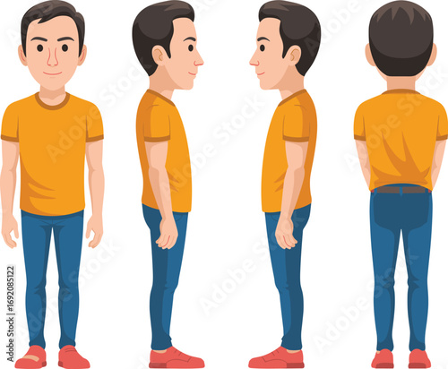 Cartoon man character model sheet showing front side back and profile views