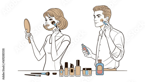 Modern man and woman applying skincare products and makeup in a stylized line art illustration with beauty products on a table
