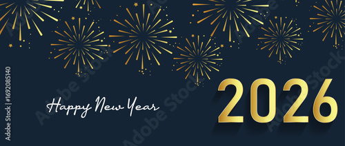 2026 Happy new year celebration greeting card, sparkler font and firework isolated background
