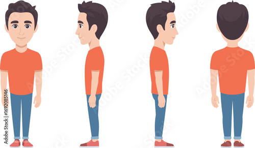 Full body character design of a young man in casual orange t shirt and blue jeans