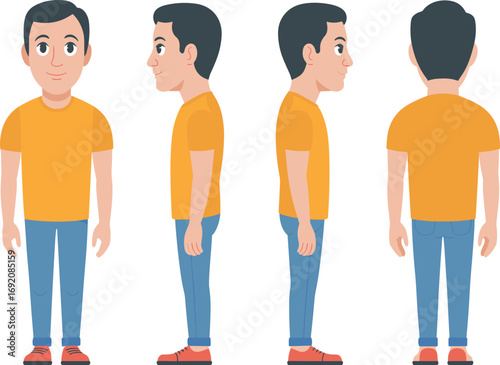 Full body character design of a young man shown from front back and side views