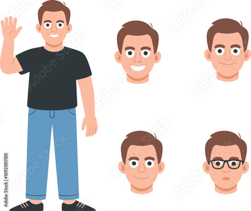Friendly cartoon man character with multiple facial expressions and waving hand