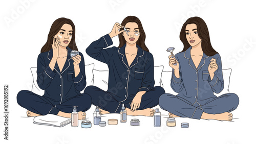 Three stylish young women in pajamas applying skincare products and makeup while sitting on a bed in a relaxed and pampered self care routine illustration