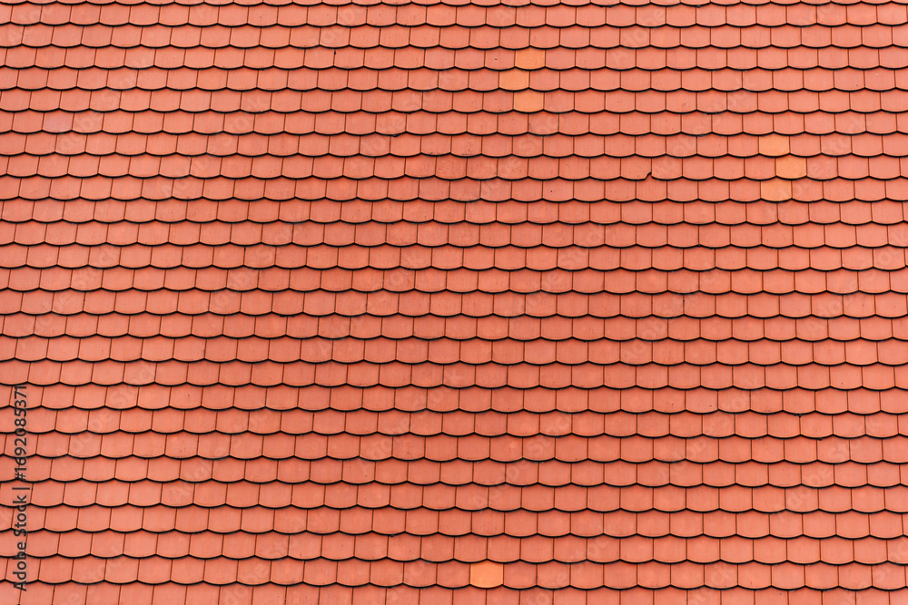 An overhead shot captures the repeating pattern of red clay tiles covering a roof, offering a warm and textured surface An overhead shot captures the repeating pattern of red clay tiles covering a roof, offering a warm and textured surface