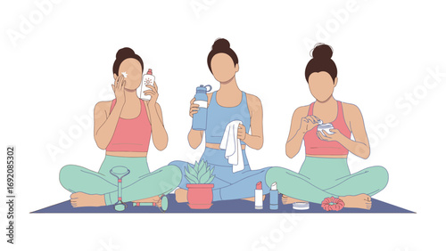 Three diverse women practicing self care and beauty routines applying skincare products while sitting in a yoga pose on a mat