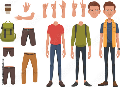 Cartoon character creator kit with customizable outfits and poses