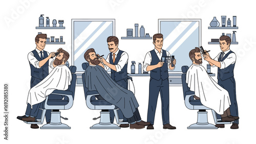 Vintage style barbershop scene featuring three barbers giving haircuts and shaves to customers with beards and mustaches