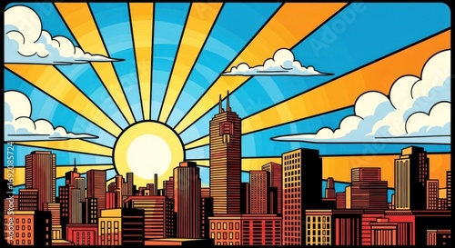Vibrant sunrise over a stylized cityscape, radiating sunbeams and cartoonish clouds.