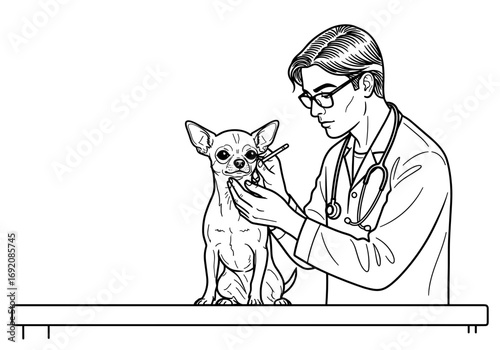 Veterinarian examining a Chihuahua dog with a stethoscope in a black and white illustration