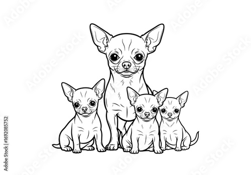Chihuahua dog with puppies in a family portrait style in black and white