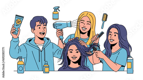 Diverse group of young adults enjoying a fun hair styling session with professional tools and products creating beautiful hairstyles together