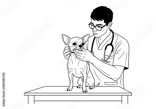 Chihuahua dog receiving veterinary check-up by a veterinarian in black and white style