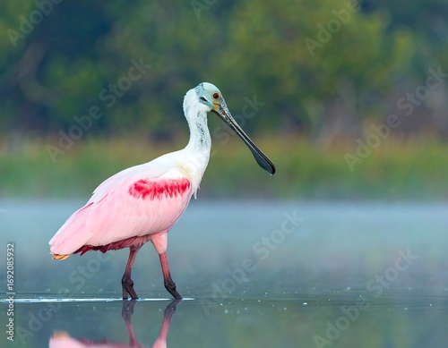 Pink bird walking in shallow water