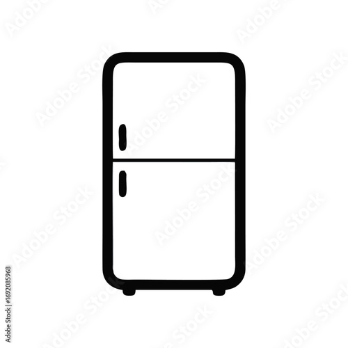 Simple black and white outline icon of a two-door refrigerator, representing a common kitchen appliance for cooling and freezing food.
