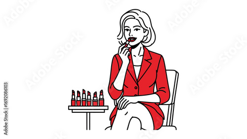Stylish woman with blonde hair applying red lipstick while sitting in a chair with a collection of lipsticks on a table nearby