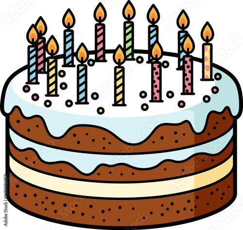 Celebratory birthday cake with lit candles and frosting, perfect for festive occasions.