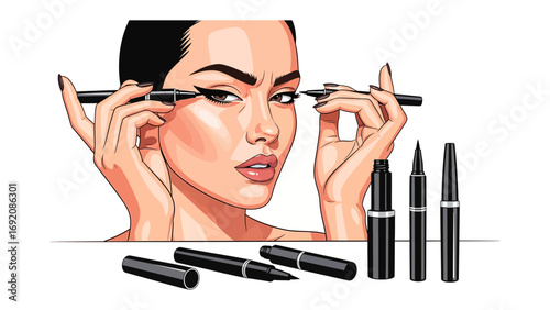 Close up of a woman applying dramatic winged eyeliner with makeup brushes and eyeliner pencils on a white background beauty concept