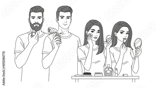 Illustration depicting men applying makeup and women applying makeup with mirrors showcasing modern beauty routines and gender expression