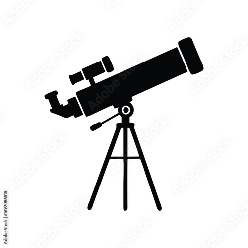A black silhouette icon of an astronomical telescope on a tripod stand, isolated against a plain white background.