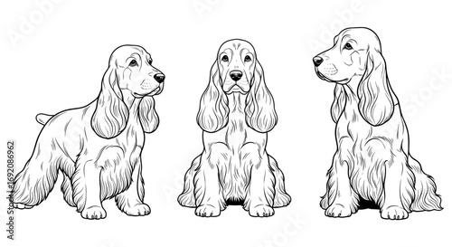 Cocker Spaniel dog, curious mood, different sitting poses, veterinary illustration