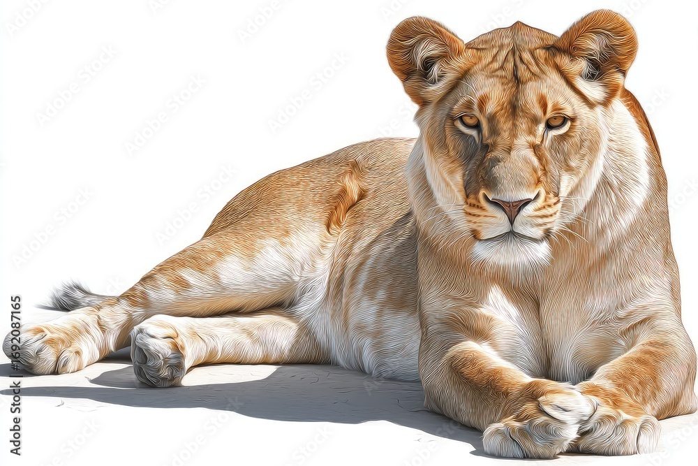 Fototapeta premium Lioness lying, golden fur, alert gaze