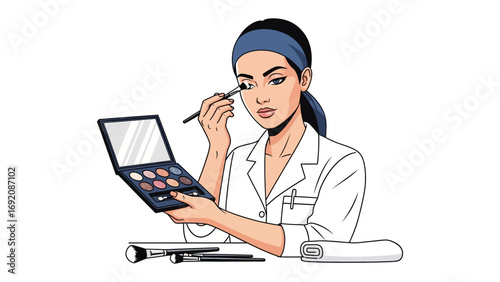 Young woman applying eyeshadow with a brush from a makeup palette wearing a headband and white lab coat focused on her reflection in the mirror