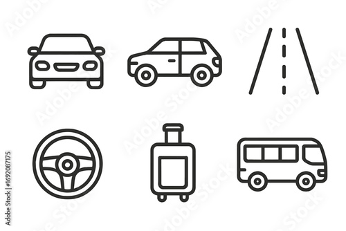 Transportation icons: car, road, steering wheel, luggage, bus in black and white outline