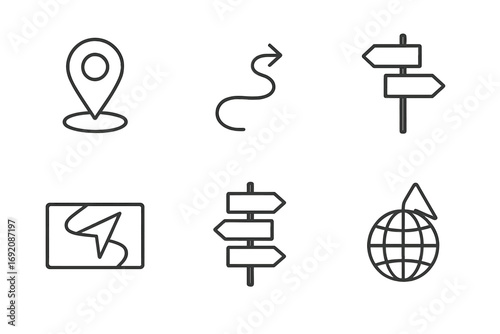 Navigation and direction icons: map, route, signpost, globe, wayfinding symbols