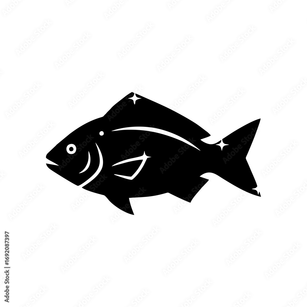 Obraz premium Silhouette of Fish in Flat Black Vector Style on Transparent Background – Aquatic Animal Icon for Seafood Branding, Marine Education Projects, and Fishing Apps in Monochrome Design
