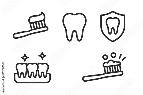 Dental care icons: toothbrush, tooth, shield, shining teeth