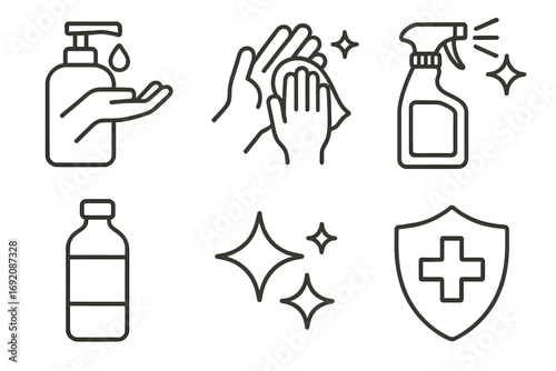 Hygiene symbols set including sanitizer, soap, cleaning supplies, and protective shield icons