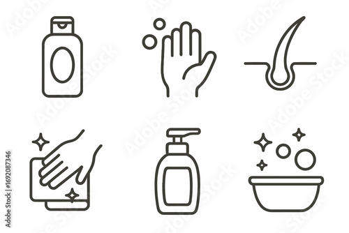Skincare and hygiene icons featuring soap, shampoo, hand washing, and hair care