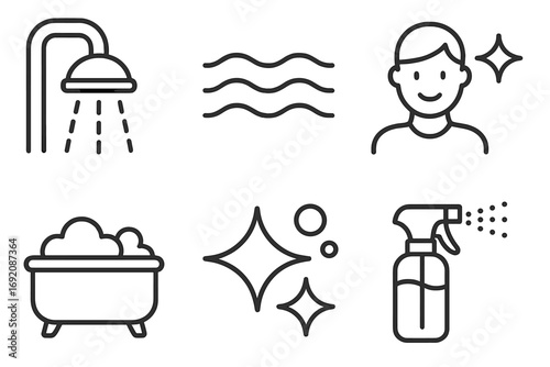 Hygiene icon set featuring shower, waves, male avatar, bathtub, sparkles, and spray bottle