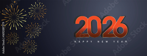 2026 Happy new year celebration greeting card, sparkler font and firework isolated background