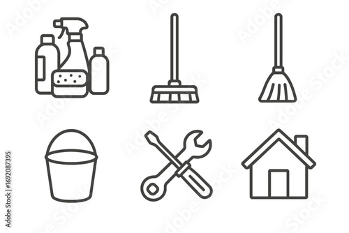 Cleaning and maintenance icons: bottles, broom, mop, bucket, tools, house