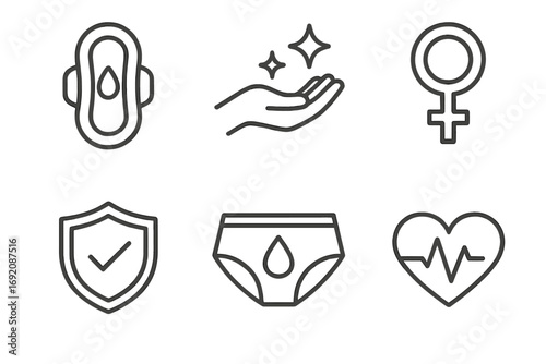 Feminine hygiene symbols including pad, panties, and health icons in linear style