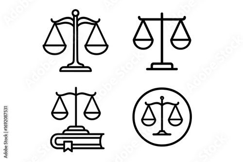 Set of justice scales icons: legal symbols and balance illustrations