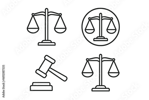 Outline icons of balance scales and gavel representing justice and law themes