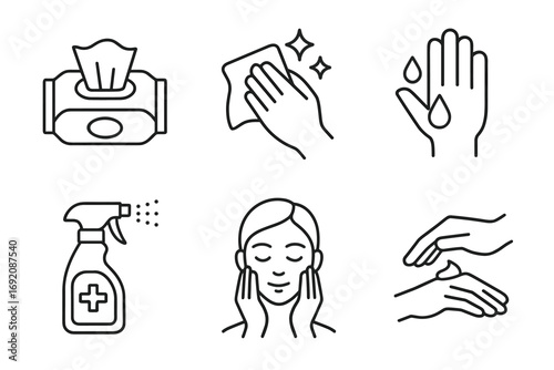 Hygiene and skincare icons set featuring wipes, cleaning, and hand sanitizing