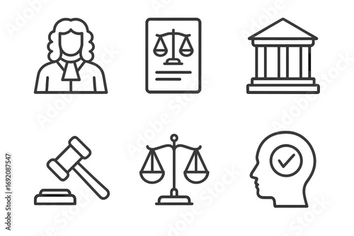 Legal symbols: judge, scales of justice, courthouse, gavel, head with checkmark icons