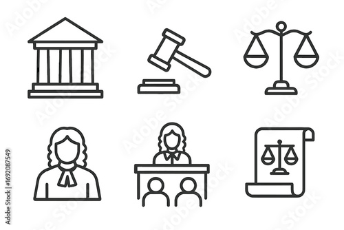 Legal icon set with court, gavel, scales of justice, judge, and courtroom illustrations