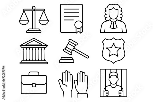 Law and justice icons: scale, certificate, judge, gavel, courthouse, badge, briefcase, oath, prisoner