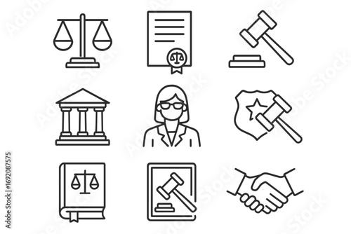 Law and justice icon set featuring scales, gavel, contract, courthouse, female lawyer, legal book, handshake