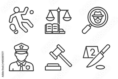 Crime investigation icons: detective, justice, law, evidence, police, crime scene