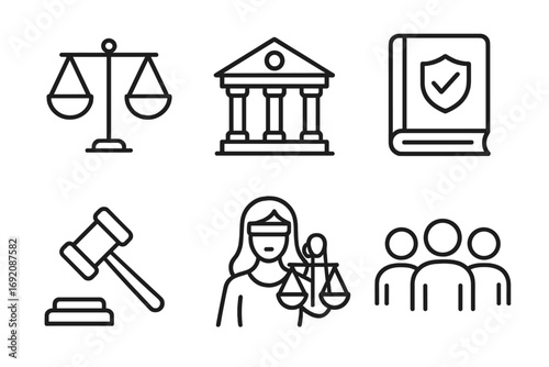 Legal system icons: scales, courthouse, law book, gavel, justice, community