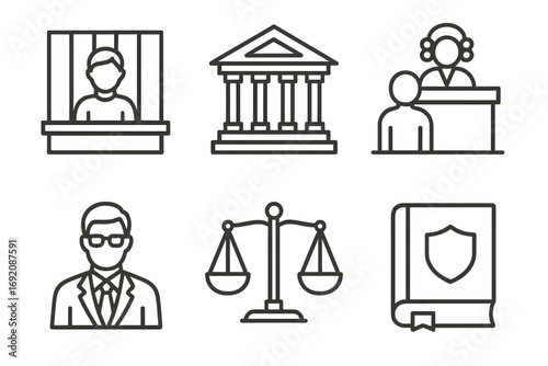 Justice icons: courtroom, judge, lawyer, scales, and law book symbols