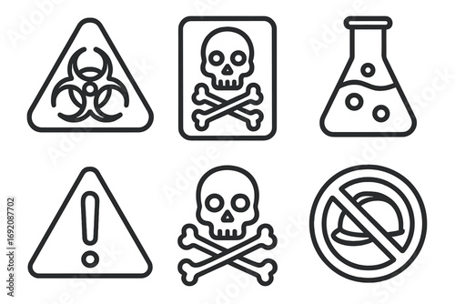 Safety and hazard symbols: biohazard, skull, laboratory flask, and warning signs